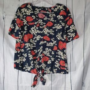 Madewell Floral Tie-Front Top V-neck - Navy Blue and Red